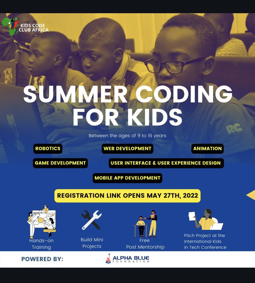 AlphaBlueNGO's tweet photo. We have a special gift for every child come May 27th, 2022!
This gift is definitely the best gift you could give them during the long holidays.
Check the picture for more details.
#FamilyDay #Tonyelumelo #MegaSummerSale #technofanart #TechNews #UNICEF #coding #ECOWAS #techkid https://t.co/vcMTeJs7N5