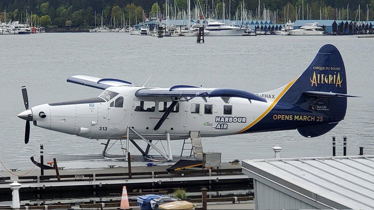 veryboeing's tweet photo. Harbour Air #DHC3T Otter #CFHAX 'Alegria' tail at Vancouver Harbour https://t.co/e7eeWvlyEN