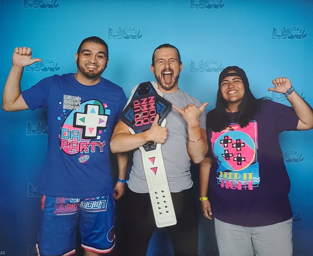 ReyRod84's tweet photo. Such a cool moment, Little Sis &amp; I got to meet a member of Da Party, CHUGS aka Adam Cole BAY BAY!!!What was even better was he was so happy to hold the Up Up Down Down Title, Day was made, Thank You @AdamColePro!!! @AustinCreedWins @MmmGorgeous @ClaudioCSRO #UpUpDownDown #DaParty https://t.co/8cTqnqqW3v