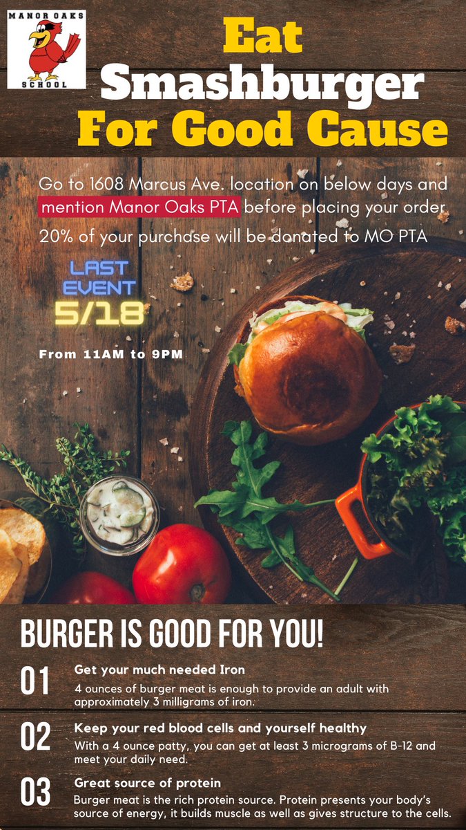 This is the last smashburger event of the year. Stop by smashburger anytime on Wednesday May 18 to support our school. 
<a href="/ManorOaksNHPGCP/">Manor Oaks School</a> <a href="/NHPGCP/">Dr.JenniferMorrison-Raptis, NHPGCP Superintendent</a>