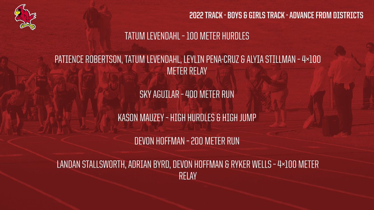 Congratulations  to the following Benton Cardinals Track team members on their performance last Saturday at the Class 4 / District 8 Track &amp; Field Meet!

The following qualifiers will compete this Saturday in Warrnsburg, MO. to advance to State!