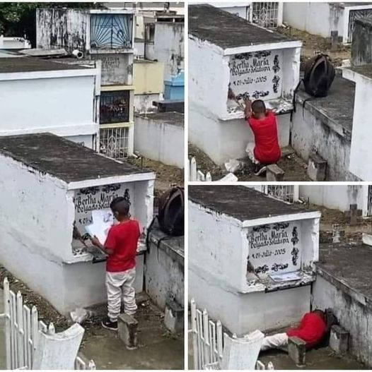 "Alguna vez en la vida me sentí morir y solo quería estar en brazos de mi madre"
Esta imagen recorre las redes sociales donde 1 niño fue captado visitando 1 tumba el 10 de mayo. llevó dibujos en cartulina y se quedó dormido contemplando el lugar donde esta el cuerpo de su madre♥