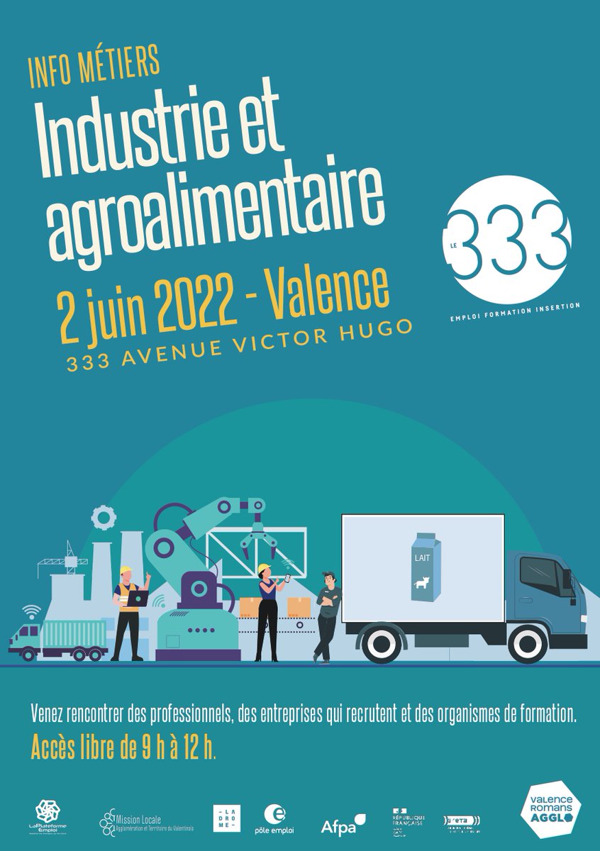 Découvrez le secteur et les métiers de l'industrie ! Rencontrez des entreprises de Valence, Romans, Tournon et La Voulte et des organismes de formation le 2 juin de 9h à 12h au 333, 333 ave V. Hugo à Valence
Accès libre
<a href="/mlatv_/">MLATV (Mission Locale Valence - Le 333)</a> <a href="/Plateformemploi/">La Plateforme Emploi - Le 333</a> #TousMobilisés avec <a href="/PE_Valence/">Pôle emploi Valence</a>