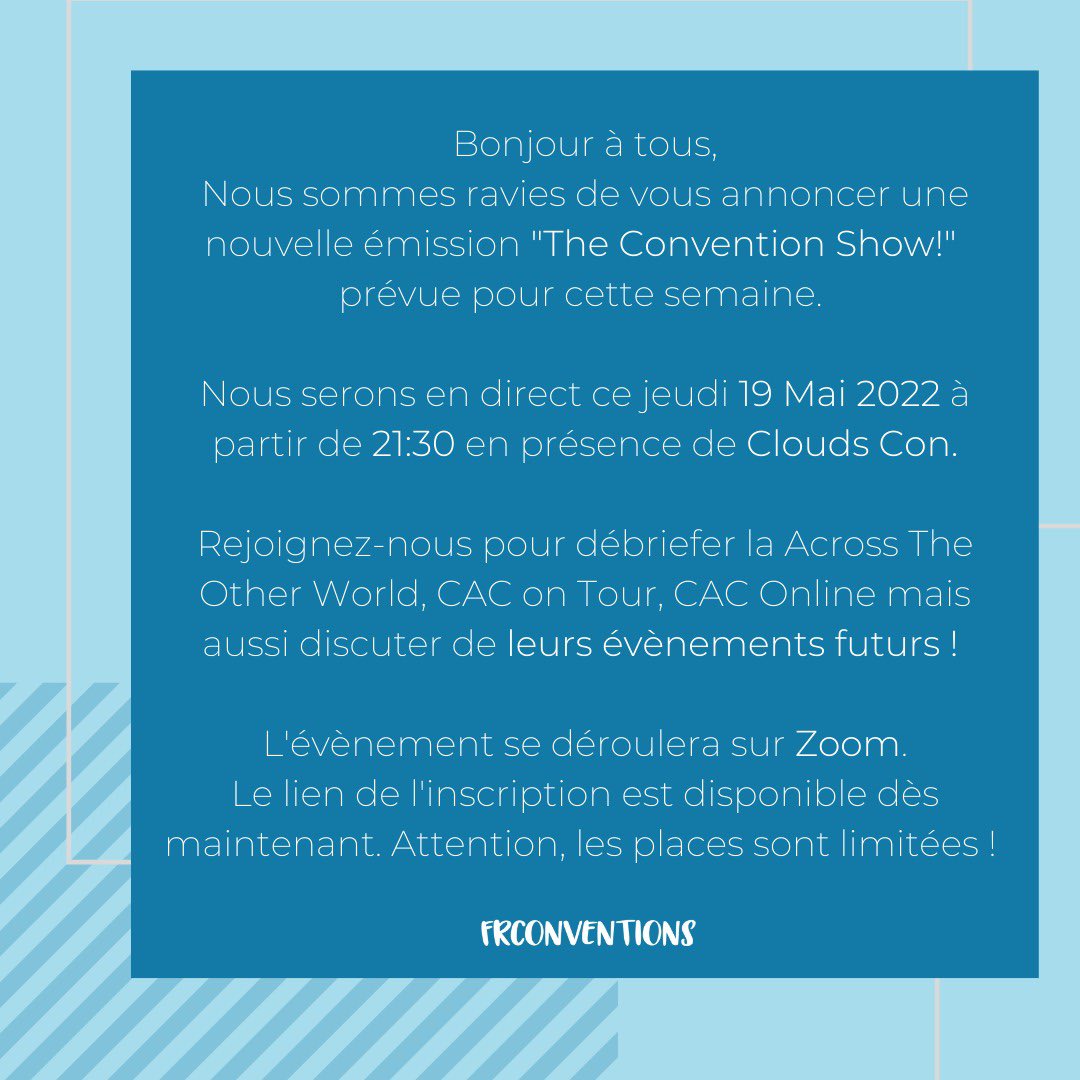 FrConventions's tweet photo. Rendez-vous jeudi soir à compter de 21h30 avec l’équipe @CloudsCon 💙
Venez discuter de la #ATOW, #CACOT, #CAC et des événements à venir…
👉 Inscriptions : https://t.co/lmxG4LsrUQ https://t.co/QSyzwVKSmd