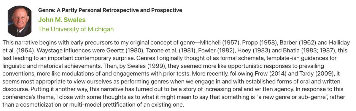 📢And this is not everything... we are thrilled to introduce our featured speaker, John M. Swales, who will share his personal experience with genres! 

🗣️Genre: A Partly Personal Retrospective and Prospective

👀Check the abstract below!

➡️ genci.unizar.es/conference-ple…