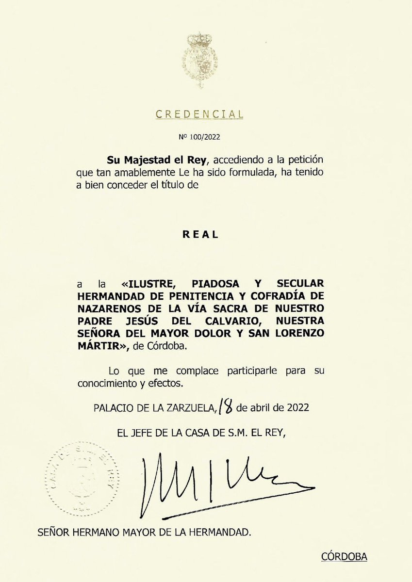 Hermandad del Calvario (@calvariocordoba) on Twitter photo 🔔 COMUNICADO OFICIAL • Concesión del título de "Real", por parte de S.M. el Rey Felipe VI de España, a nuestra Hermandad. 🔔 COMUNICADO OFICIAL • Concesión del título de "Real", por parte de S.M. el Rey Felipe VI de España, a nuestra Hermandad.
