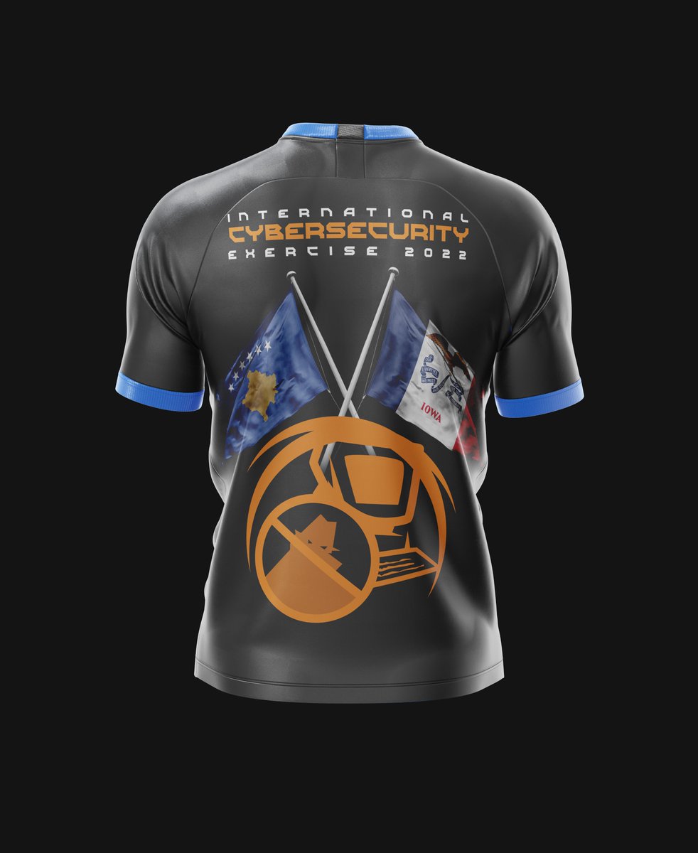 ICKosovo's tweet photo. Getting ready for the Cyber Security Hackathon - joint event with @IowaNatGuard @IowaStateU @KSF_Kosova & University of Prishtina - FIEK. This is the jersey of #TeamICK #CyberUnity designed by Erris Veliu. https://t.co/F8YMoMRK9G