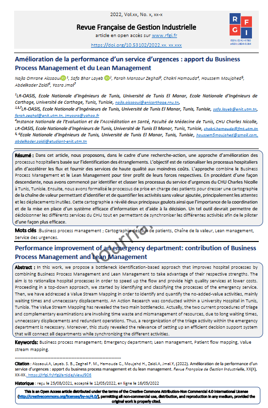 Publication du dernier article de relance de la 
<a href="/AmisRFGI/">Revue Française de Gestion Industrielle</a> intitulé «Amélioration de la performance d’un service d’urgences».  Écrit par par N. Omrane Aissaoui, S. Bhar Layeb, F. Mansour Zeghal, C. Hamouda, Houssem Moujahed5, A. Zaidi, Y. Jmal Lien : rfgi.fr/rfgi/article/v…