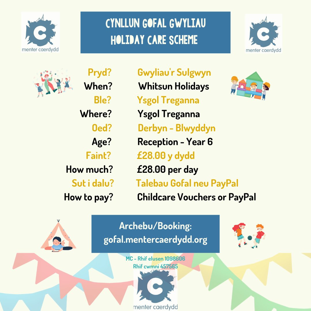 Chwilio am ofal plant dros y gwyliau?
Beth am y Cynllun Gofal Gwyliau Sulgwyn yn Ysgol Treganna!

Looking for childcare over the holidays?
Join our Holiday Care Scheme in Ysgol Treganna!

gofal.mentercaerdydd.org
#gofalplant #holidaycare