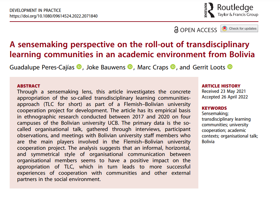 Just out now in #openaccess: Guadalupe Peres-Cajías (@guadaperesc) et al.: 'A sensemaking perspective on the roll-out of #transdisciplinary learning communities in an #academic environment from #Bolivia 
tandfonline.com/doi/full/10.10…
