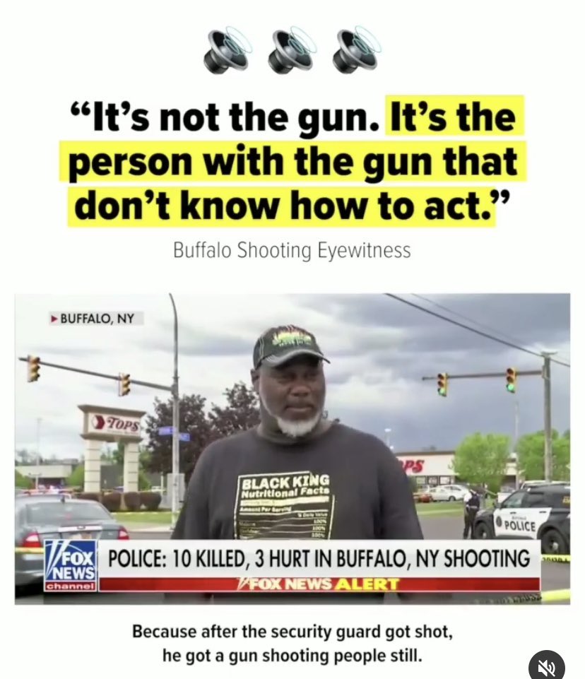45LVNancy's tweet photo. This eye witness Blows the gun rhetoric out the water 🤓😂

#BuffaloMassacre https://t.co/ekor1Hqqke