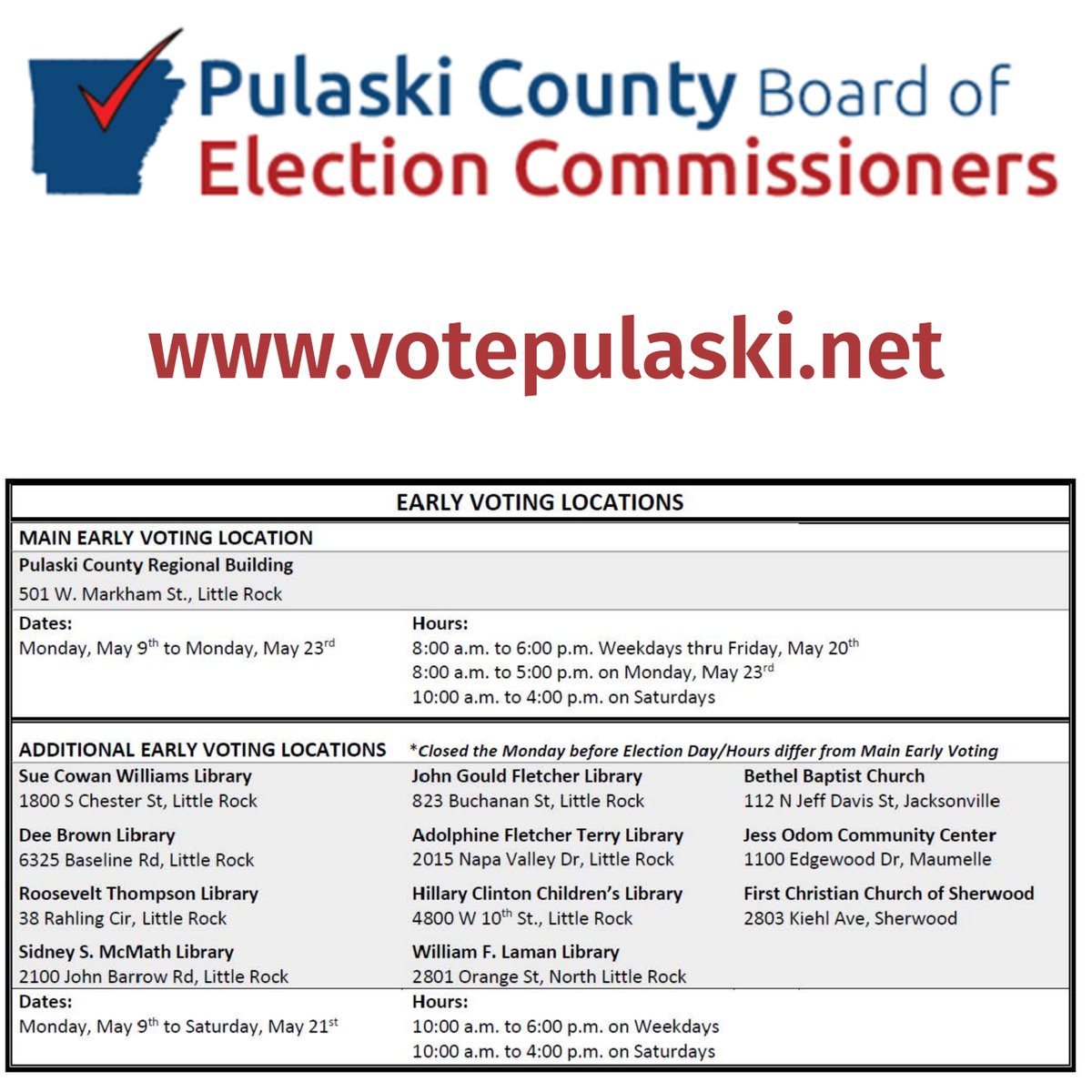 If you have not taken advantage of early voting, this is the last week to do so. Check the schedule below and go to our website to view your sample ballot. votepulaski.net