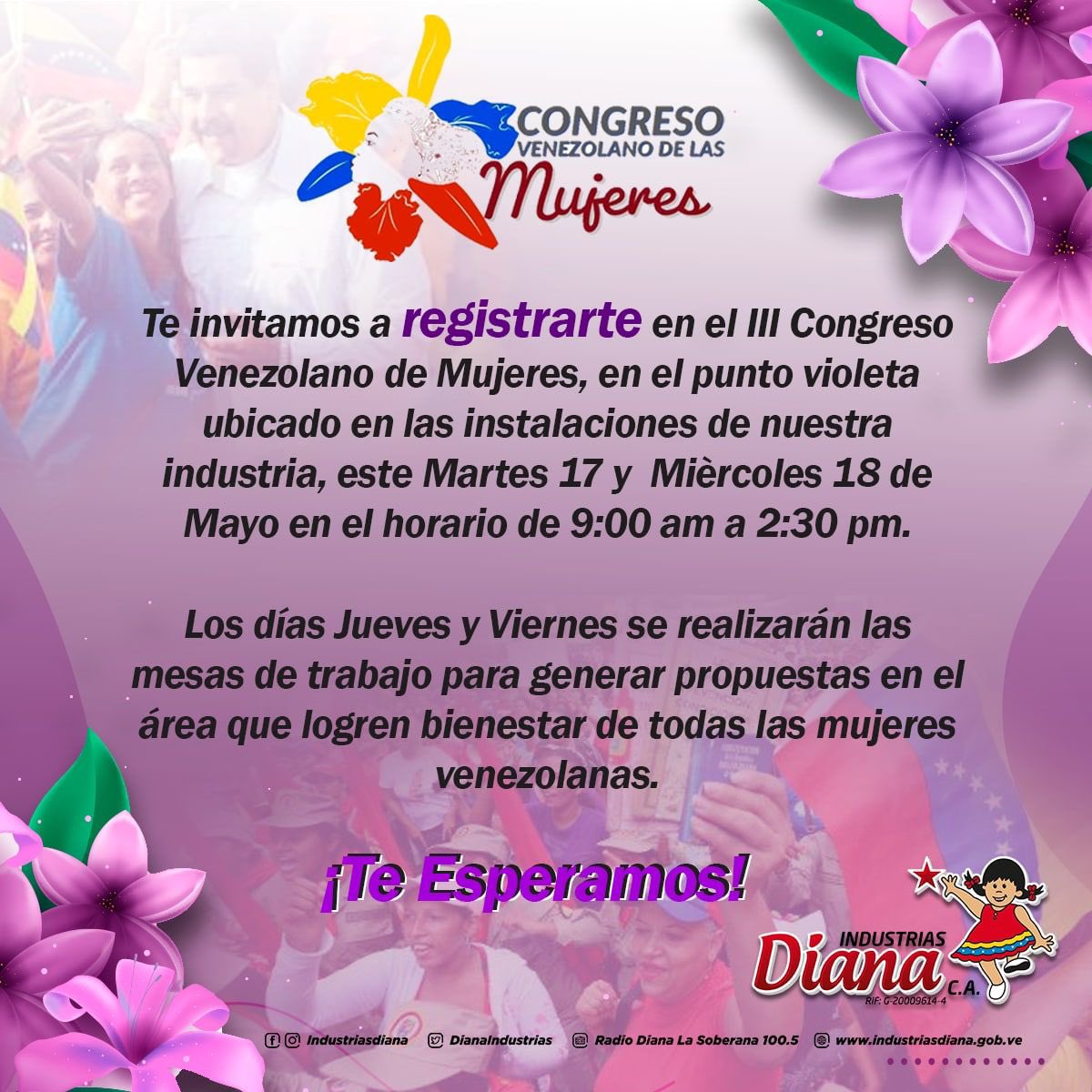 #16May || #LaIndustriaEsMujer 
Invitamos a todas las mujeres a los puntos violetas más cercanos a tu trabajo o vivienda, es momento de registrarte en el Congreso Venezolano de las Mujeres promoviendo los derechos y debates justos en la sociedad 🌸
#RevolucionAntiimperialista
