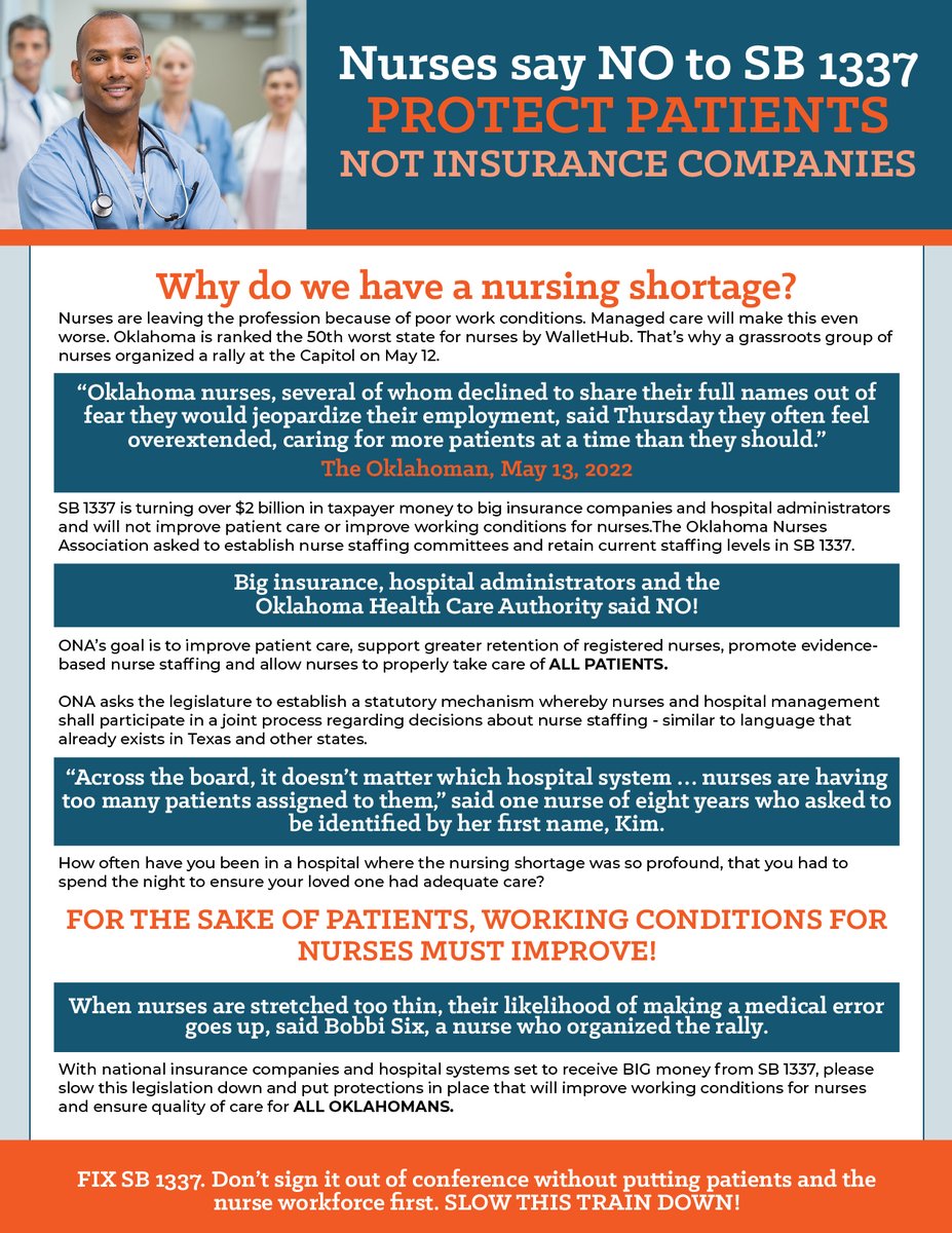 We are facing a nursing shortage in #Oklahoma. Turning our healthcare system over to insurance companies will not help us keep these essential workers in our state. To support nurses, we need to keep the management of the state’s Medicaid program in the hands of Oklahomans.