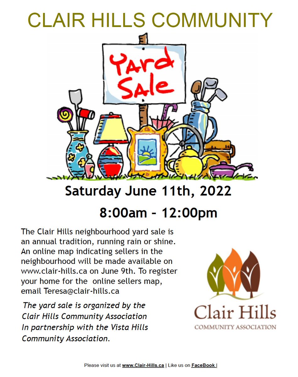 ClairHills's tweet photo. Clair Hills Community Yard Sale-June 11-save the date! https://t.co/vGVvrE5Owl