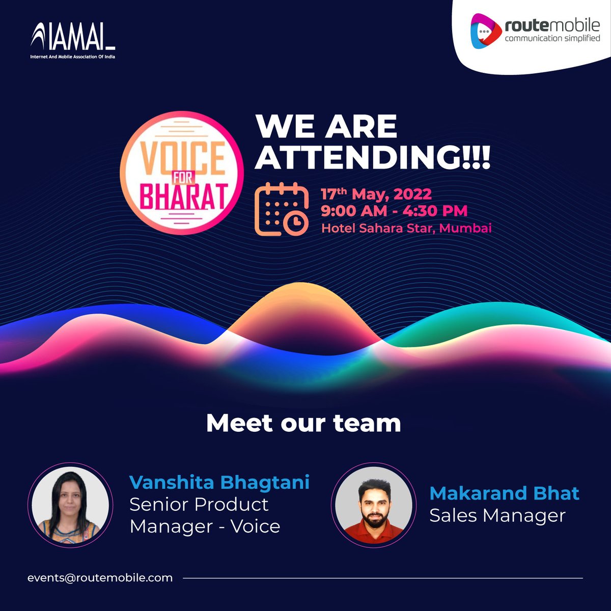 routemobile's tweet photo. Meet our experts Vanshita Bhagtani, Sr. Product Manager - Voice &amp; Makarand Bhat, Sales Manager, at the #VoiceforBharat Event and unlock the potential Voice Tech for #D2C. 
Connect with our experts at events@routemobile.com
#D2CMarketing #ConversationalAI #VoiceTech #RouteMobile https://t.co/9BM6C7ksIN