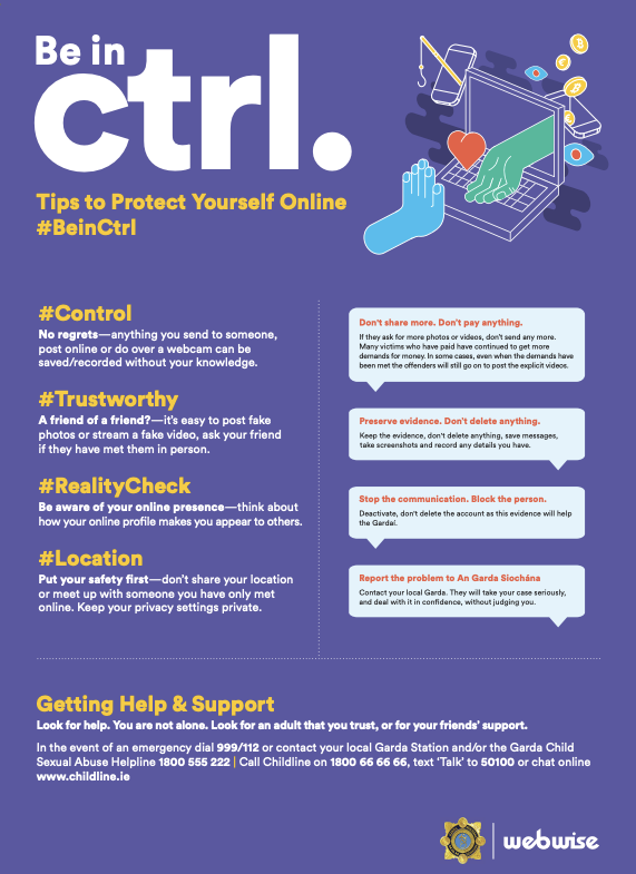 Webwise_Ireland's tweet photo. ➡️Help students recognise that online sexual coercion and extortion of children is a crime
➡️Raise awareness of safe online communication
➡️Promote help seeking and reporting
📚The #BeInCtrl teaching resource is available for free https://t.co/wr1tJ2yzQz
#Edchatie #SPHE https://t.co/7YF6fHtj8Q