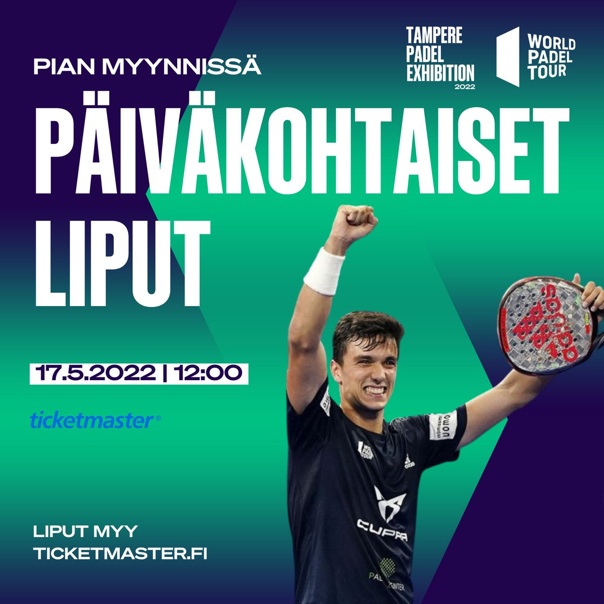 padelopenfi's tweet photo. Päiväkohtainen lipunmyynti aukeaa tiistaina 17.5.2022 klo 12! 🎫

Aikuisten liput
* Normaali päivälippu to 39 e
* Normaali päivälippu pe 49 e
* Normaali päivälippu la 69 e
Lasten liput: lapset 0-3 v sylissä ilmaiseksi, 4-14 v aikuisten lipuista -50%! 

#wpt #worldpadeltour https://t.co/zpVNsXUu3Y
