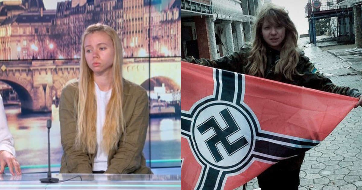 frexorama's tweet photo. En la TV francesa entrevistaron a la pareja de un combatiente de Azov, hablo de lo duro que era para sus maridos, y pidió ayuda de la UE, sin embargo internautas encontraron esta foto de la señora. https://t.co/2ZBkWinqui