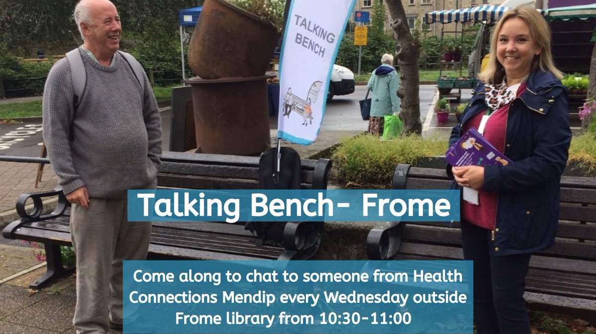 MendipHCM's tweet photo. Every Wednesday in Frome you can find a Health Connector outside Frome library- look for the flag.
We're there to listen, chat and signpost you to other services, groups and support in the community.
We are there in all weather from 10:30 to 11am.
#Frome #TalkingBench https://t.co/VOeXVB1ebM