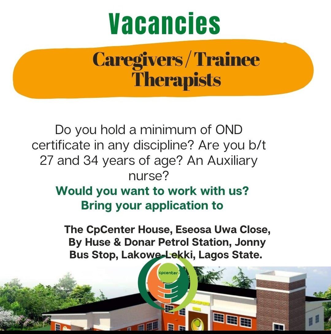 CpcenterNigeria's tweet photo. Vacancies for caregivers and trainee therapists living around Agungi Lekki- Ajah Area. Cc: @Gidi_Traffic
@ALIBABAGCFR @LagosMums
Kindly RT. Proximity to our location is first advantage. Thank you. https://t.co/daGhZstew4