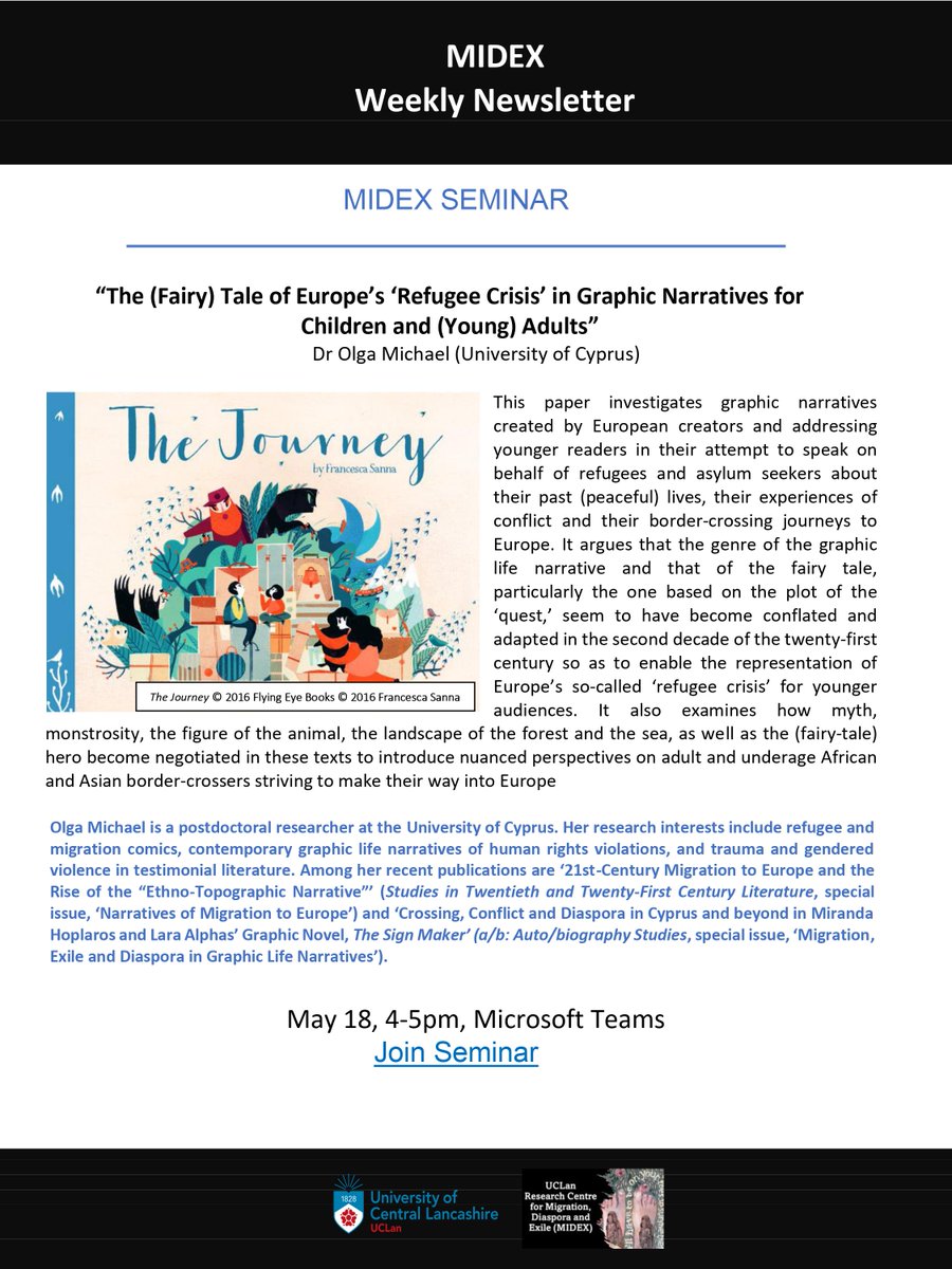 Don't miss out on our next Seminar Series event this Wednesday, 18 of May, 4PM-5PM. 'The (Fairy) Tale of Europe’s ‘Refugee Crisis’ in Graphic Narratives' with Dr Olga Michael. In-person and online. Teams link: bit.ly/3sCmCLb