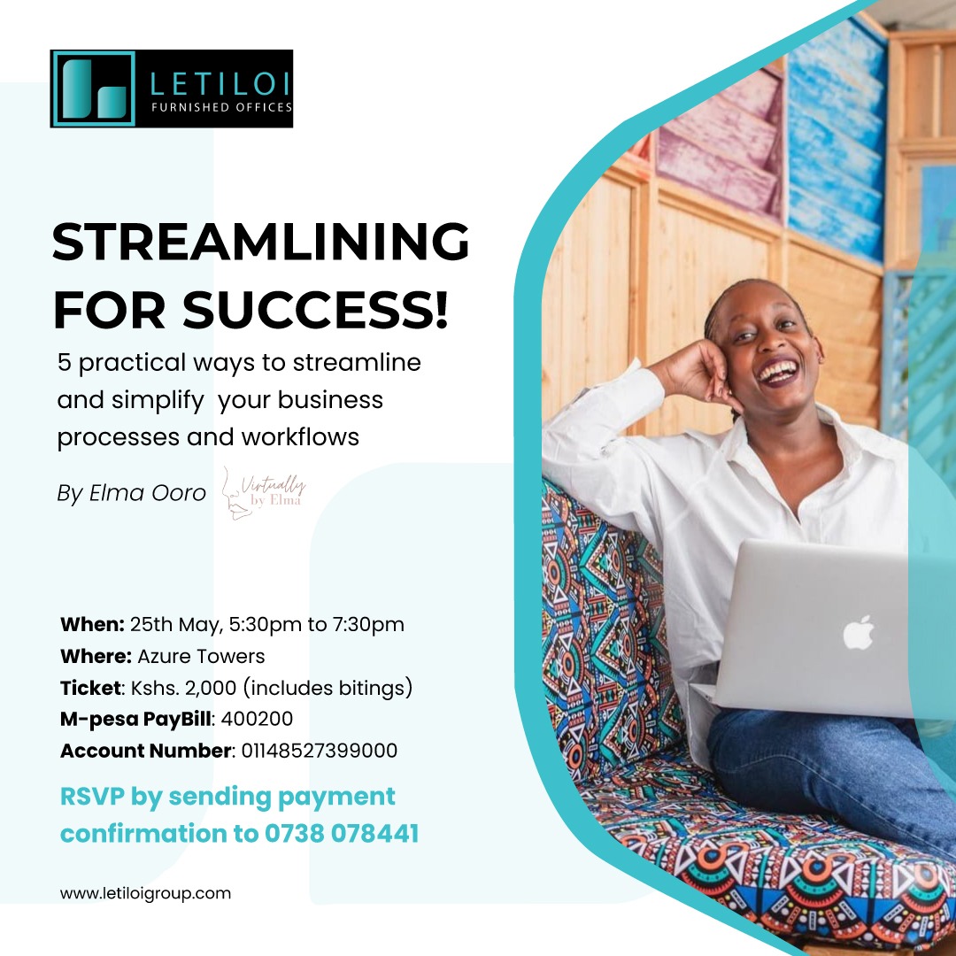 letiloioffices's tweet photo. Join us for a workshop with Virtual assistant, Elma Ooro, as she helps us:
✅Debunk ineffective processes and workflows for businesses. 
✅Appreciate the advantages of streamlining and simplifying processes and workflows. https://t.co/xYqMFKLUSk