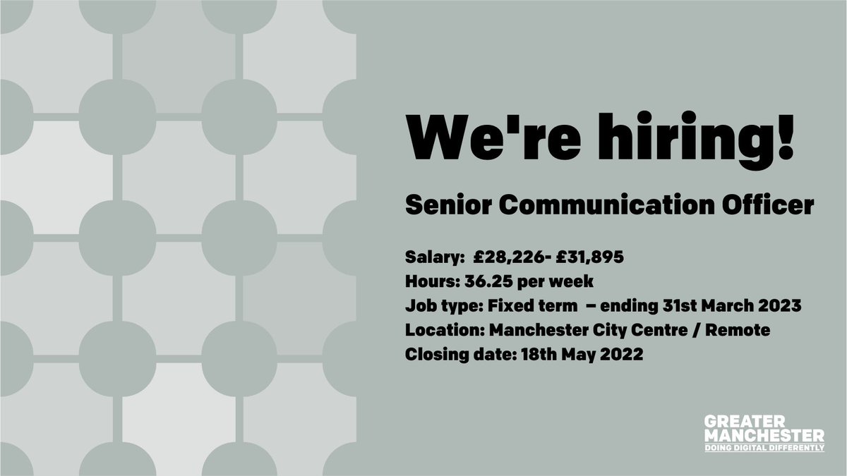 GMCAdigital's tweet photo. Final few days to apply for our Senior Communication Officer post #CommsJobs #CommsProfs #PublicSectorJobs โฌ
https://t.co/4nDakq49Vv https://t.co/i7JRLJqKkl
