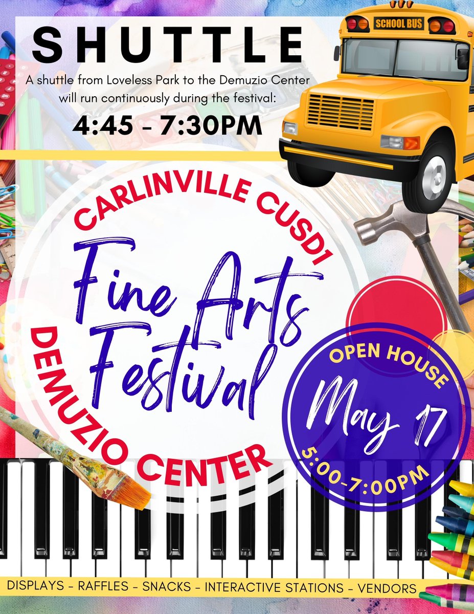 CCusd1's tweet photo. Tomorrow, Tuesday, May 17 is the K-12 Fine Arts Festival from 5:00 pm to 7:00 pm at the Carlinville Primary School - We will have a shuttle from Loveless Park to the School....  See ya there! https://t.co/bISkzQECZH