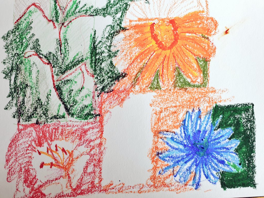 Lovely hour of drawing with @LizAtkin & @BreatheAHR for
#breathecreativebreaks #CreativityandWellbeingWeek Forced myself to have a go with some oil pastels. Love the intense colour they give. Perfect inspiration from Georgia O'Keefe's flower work...