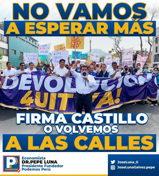 JOSELUNA_G's tweet photo. ✊🏽 𝐒𝐄𝐌𝐀𝐍𝐀 𝐃𝐄𝐂𝐈𝐒𝐈𝐕𝐀
El pueblo da un ultimátum al Gobierno para firmar y promulgar #LasLeyesDelPueblo, el Presidente #PedroCastillo tiene programado un viaje a Suiza del 21 al 27 de mayo y los peruanos no vamos a esperar más, necesitamos nuestra plata para sobrevivir. https://t.co/GCVfiqYRqE