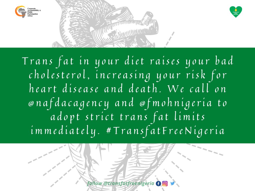 Our heart health matters. <a href="/NafdacAgency/">NAFDAC NIGERIA</a> and <a href="/Fmohnigeria/">Federal Ministry of Health, NIGERIA</a> must gazette the #TransfatFreeNigeria regulations now.