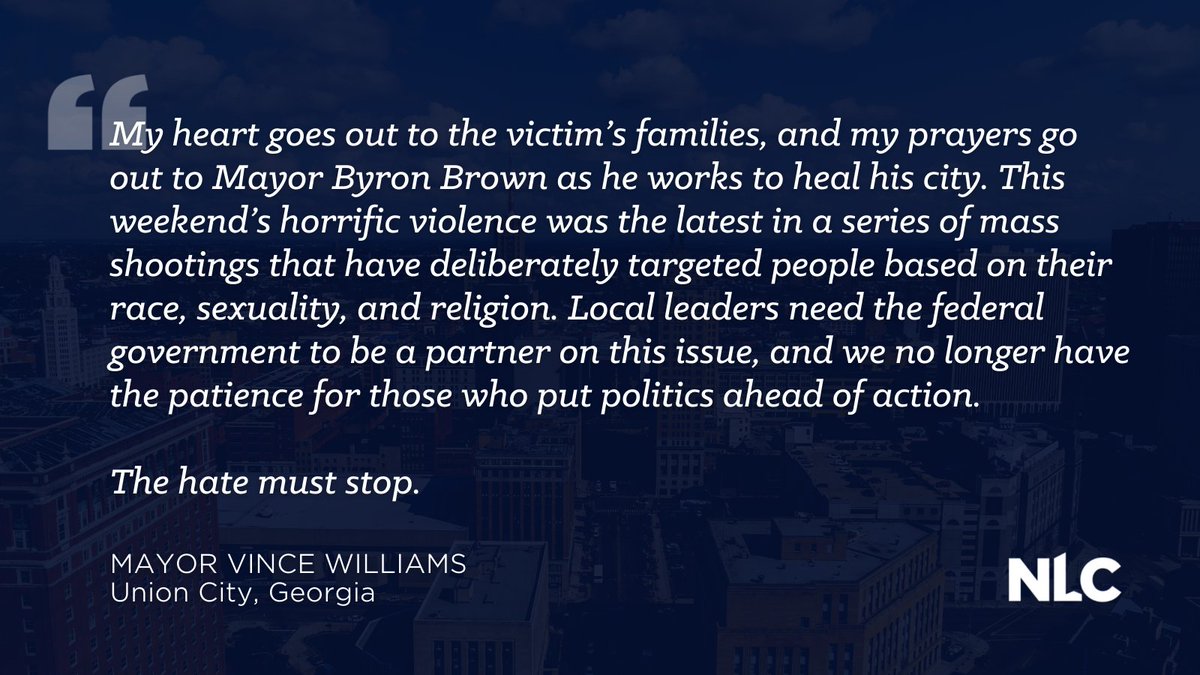 leagueofcities's tweet photo. Following the racist attack in Buffalo, NY on Saturday, May 14 that left 10 people killed and three others injured, @ucmayorvince, President of the National League of Cities, released the following statement: https://t.co/671pmroNxh