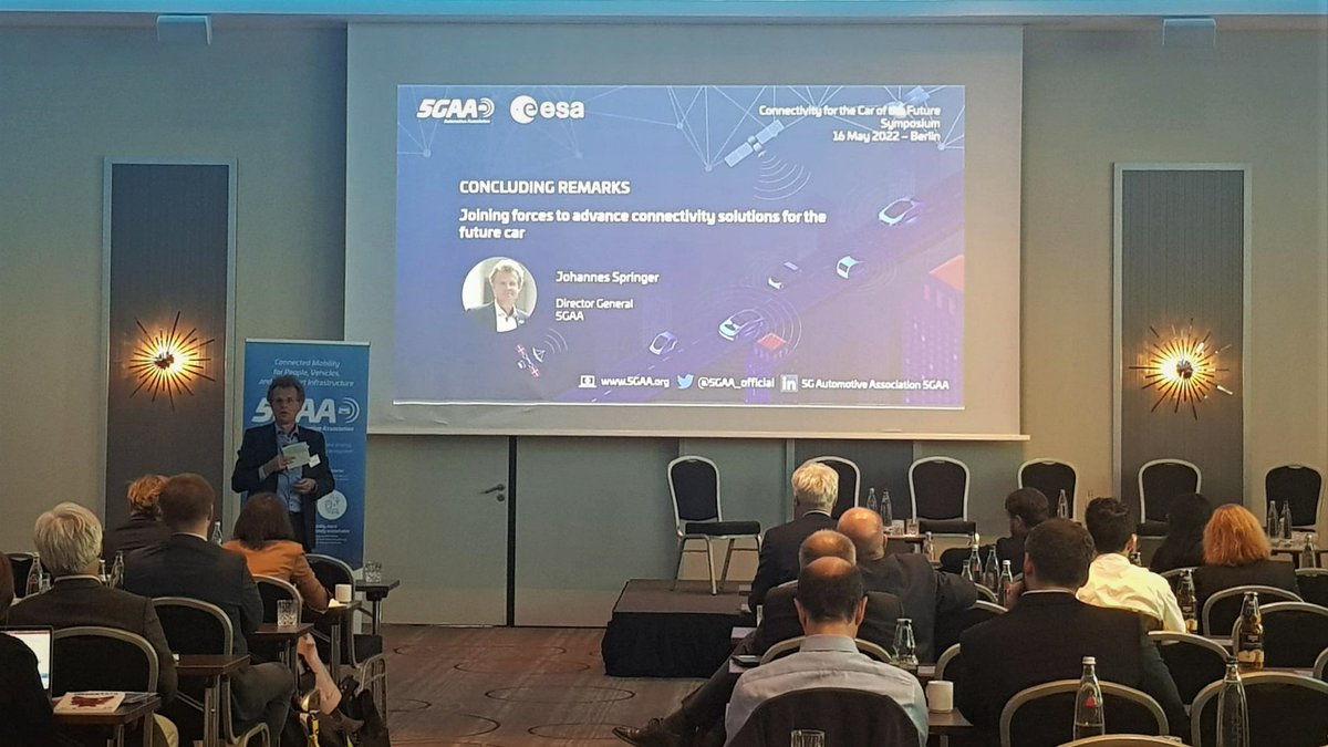 5GAA_official's tweet photo. Our #ConnectivitySymposium has just concluded with the closing remarks of 5GAA Director-General, Johannes Springer.
Johannes has stressed the importance of bringing satellites into 5G technologies, integrating both solutions, and the role of standardisation through 3GPP. https://t.co/oD0EfPV41F
