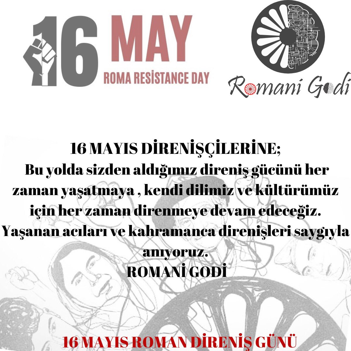 Romani_Godi's tweet photo. Yaşanan acıları ve kahramanca direnişleri saygıyla anıyoruz. 
Nazi kamplarında direniş bayrağı kaldıranların mirasçı olarak tekrarlıyoruz:
Soykırımı, yaşanan acıları ve direniş ruhunu unutmadık, unutmayacağız.
#16MayısRomanDirenişGünü
#RomaniResistanceDay https://t.co/UCBfArTq18