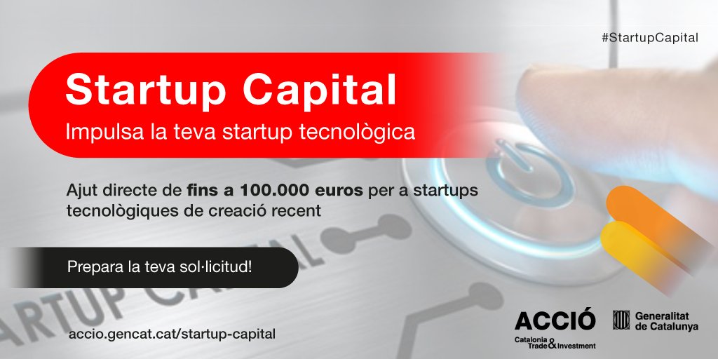 accio_cat's tweet photo. Aquest any l'#StartupCapital proporciona un ajut directe de fins a 100.000 € -un 33% més que anteriors convocatòries- per impulsar startups tecnològiques en fases inicials

Vols saber-ne més? No et perdis la presentació de les 15.30h! 👇
https://t.co/GBu1EmtFzx

#StartupCAT https://t.co/qFbteCSTMr