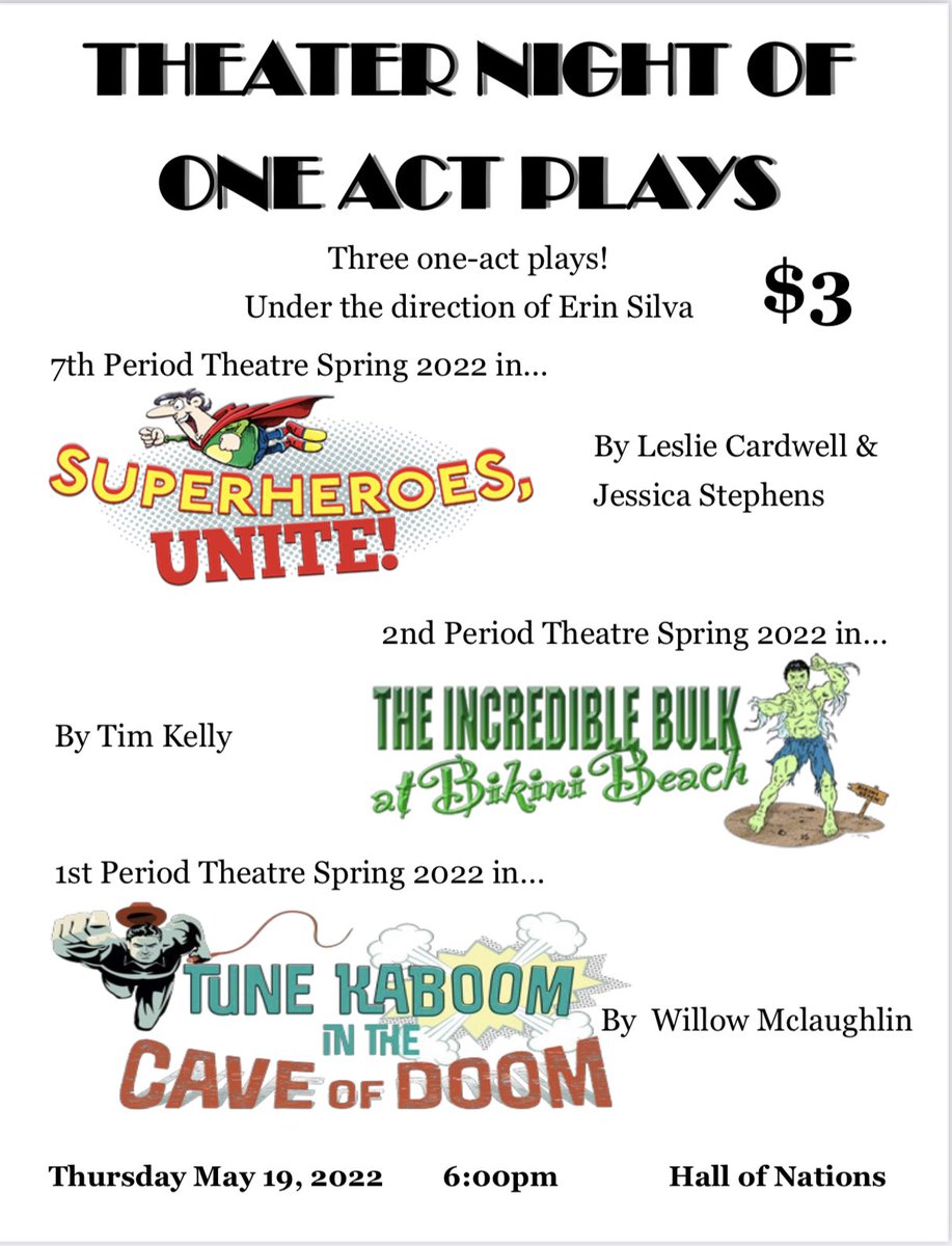 MCA_Bulldogs's tweet photo. MCA Family &amp; Friends 🐾, this Thursday May 19, 2022 Ms. Silva and MCA theater students will be putting on the show of the year at “Theater Night of One Act Plays” come out and support your fellow students!!! 
Tickets on sale for $3!! 😉 https://t.co/BjaF5T2joW