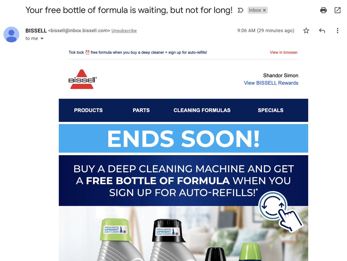 Hmm <a href="/BISSELLclean/">BISSELL</a> your email campaign for a “free bottle of formula” seems a little tone deaf given the shortage of baby formula…