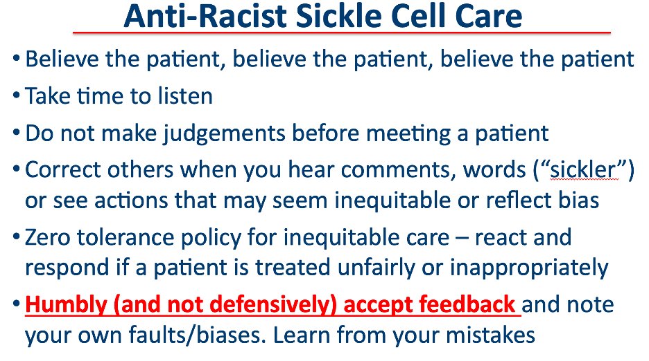Giving a talk to <a href="/BrownPediatrics/">Brown Pediatrics</a> residents today

I am continuously workshopping this slide but find it as essental in any #SickleCell talk as any slides about hemoglobin or gene mutations or laboratory values..