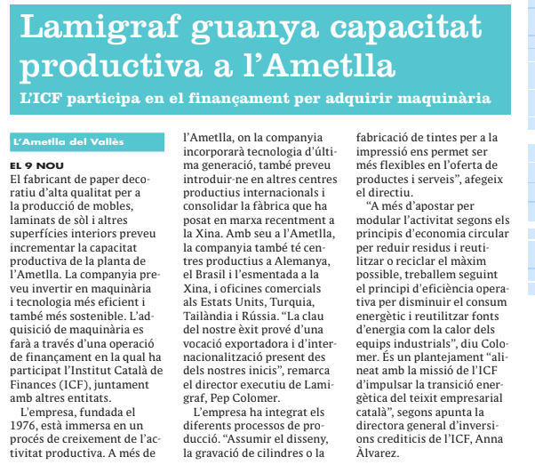 icfcat's tweet photo. 🔊@el9nou es fa ressò de què #Lamigraf guanya capacitat productiva a l'Ametlla per l'adquisició de nova maquinària a través d'una operació de #finançament en la que ha participat l'#ICF.
Per saber més: https://t.co/pNaHqOjpdR https://t.co/ZKAs3ek3p6