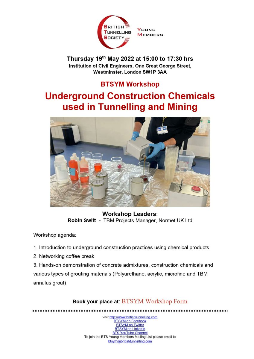 This Thursday, the BTSYM with Robin Swift, the TBM Projects Manager from Normet UK Ltd, will host a workshop on underground construction chemicals used in tunneling and mining.

Please see the poster for more details. 

Register at: buff.ly/3sE95CH

#BTSYM2022 #Tunnelling