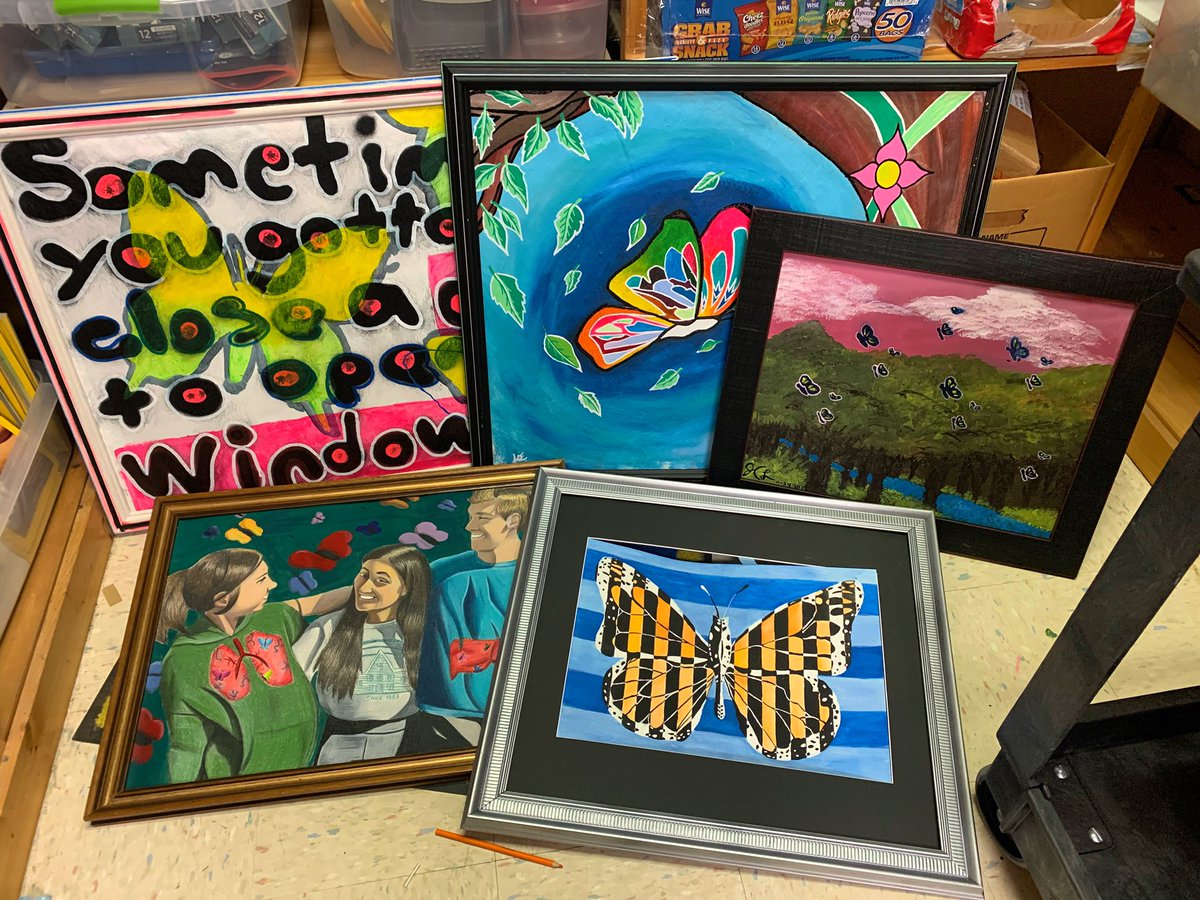 art_passmore's tweet photo. Check out the diverse talents of my painting one students! We’ll be delivering these beauties to @yorkcountyallonboard to display at the annual butterfly release this Saturday at 11 am, Fountain Park, RH. The ceremony honors the lives lost to substance abuse this year. https://t.co/ic4iZNAg43