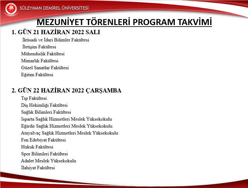 Mezuniyet Heyecanına Hazır Mısınız?

Sevgili Öğrencilerimiz, 
Bu yıl 30’uncu yaşını kutlayan üniversitemizin mezuniyet töreni, 21-22 Haziran 2022 tarihleri arasında iki ayrı grup şeklinde gerçekleştirilecek. Törenler ile ilgili geniş kapsamlı açıklama daha sonra yapılacaktır.
