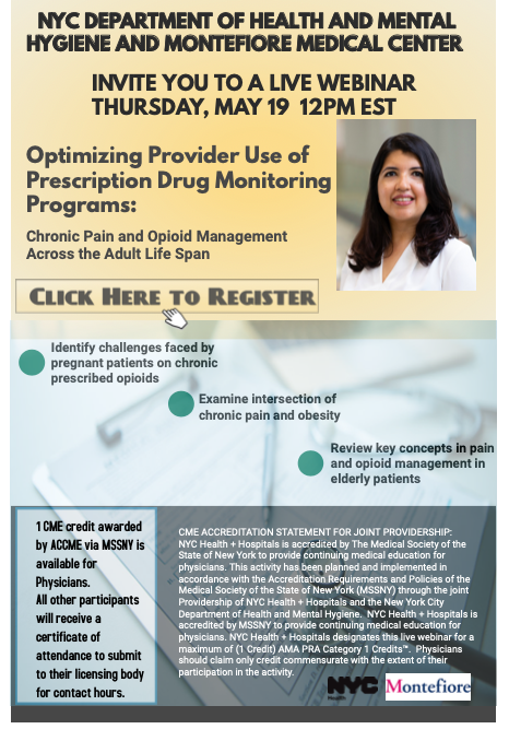 I am excited to hold a webinar on ‘Chronic pain and opioid management across the adult life span’ in collaboration with NYC DOH on Thursday May 19 12-1 pm. I will be discussing management in pregnancy, obesity and elderly patients. To register click badupct.webex.com/badupct/onstag…