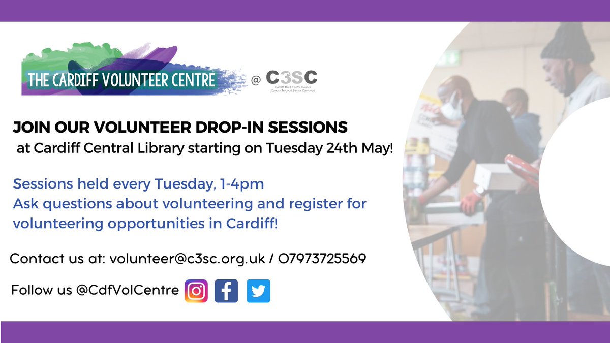 cdfvolcentre's tweet photo. Want to know more about #volunteering and #opportunities around #Cardiff? Visit us at Cardiff Central Library every Tuesday between 1-4pm, starting next week on the 24th May, for #support from @cdfvolcentre! #VolunteerDropIn #volunteers #cardiffvolunteers #supportingvolunteers https://t.co/IFrjEAiBuE
