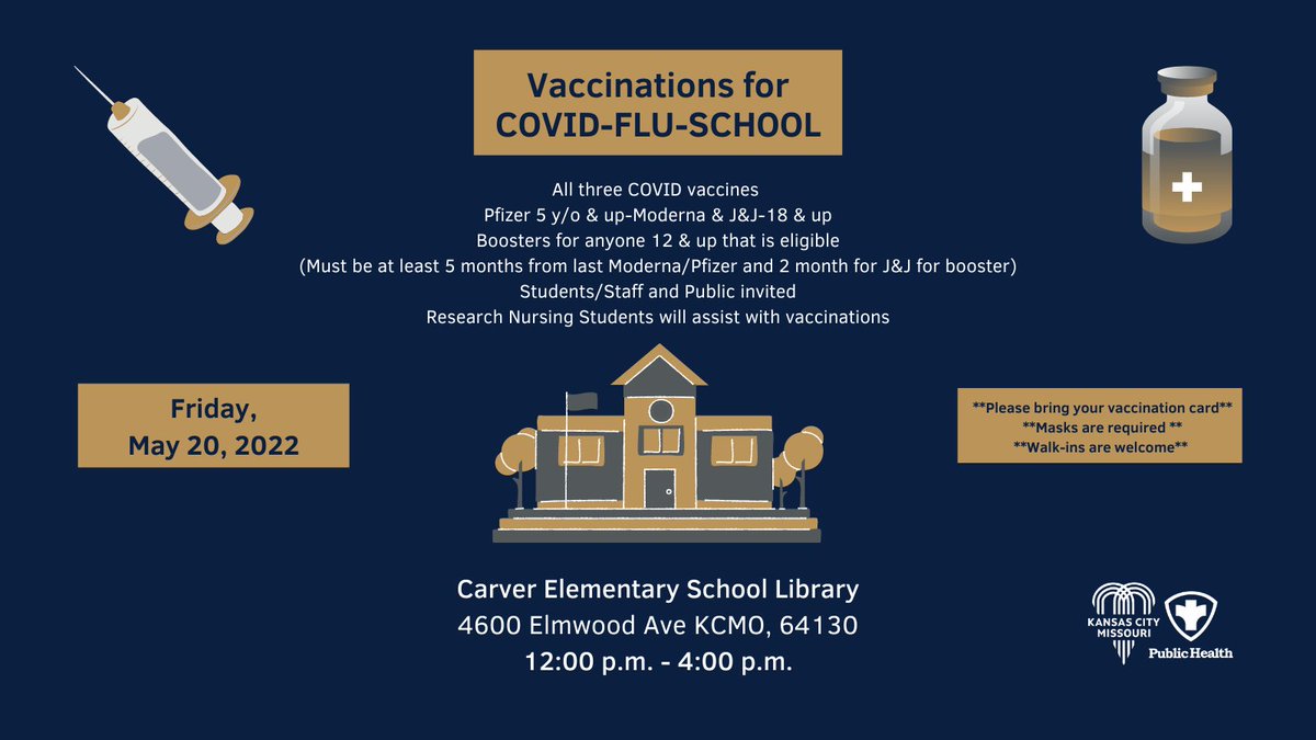 KCMO Health Dept (@kcmohealthdept) on Twitter photo KCHD will be at <a href="/KCPS_Carver/">KCPS Carver</a> TODAY (May 20th) from 12 p.m. to 4 p.m. hosting a vaccination clinic.
✅School immunizations
✅Flu shots
✅COVID vaccines
✅COVID Boosters
See you there! KCHD will be at <a href="/KCPS_Carver/">KCPS Carver</a> TODAY (May 20th) from 12 p.m. to 4 p.m. hosting a vaccination clinic.
✅School immunizations
✅Flu shots
✅COVID vaccines
✅COVID Boosters
See you there!