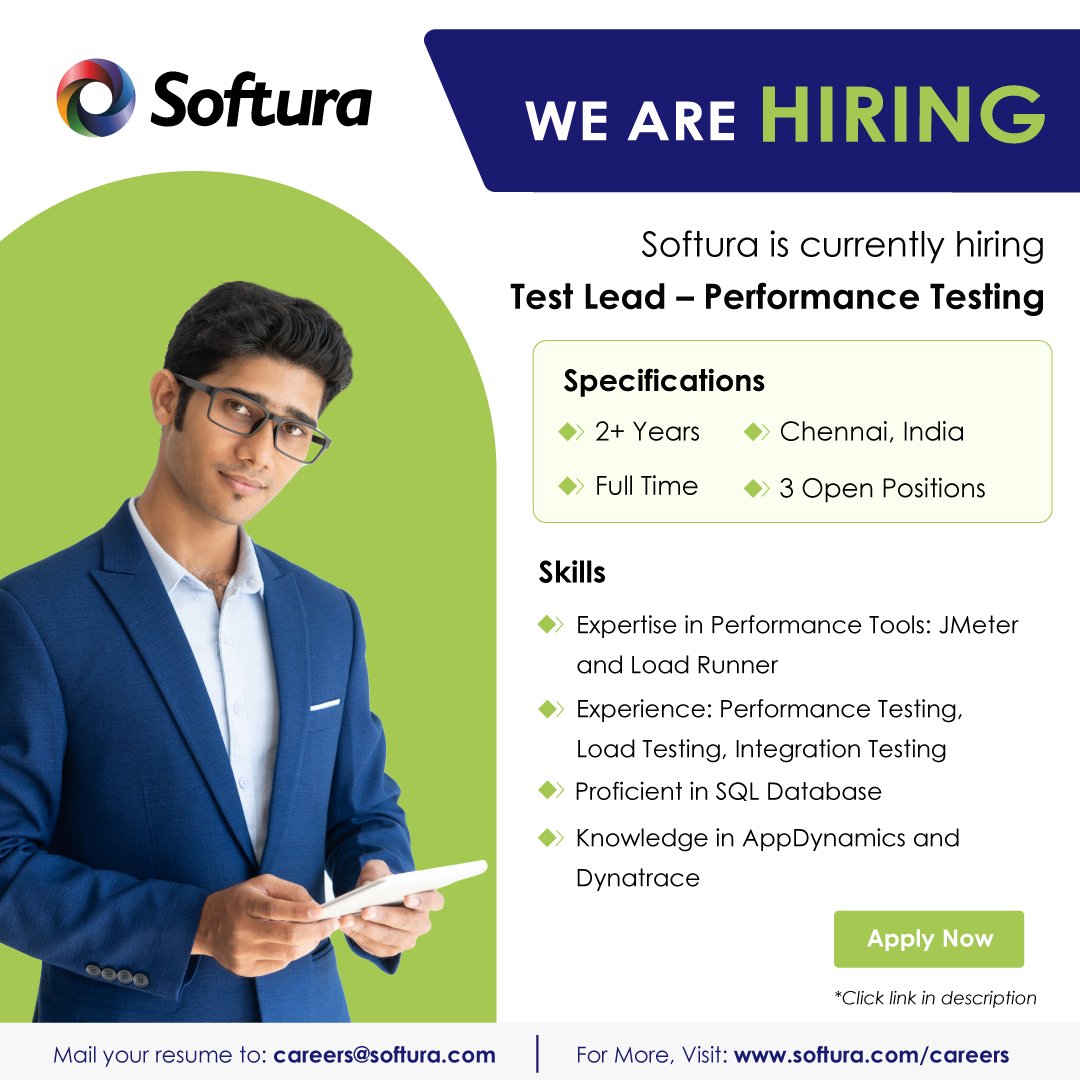 Softura's tweet image. Calling Performance Testing Specialists who have experience working on enterprise application development and testing projects. For a rewarding career in Testing and QA, apply now:softura.com/test-lead-perf…
#testing #testingspecialist #testingprojects #hiring #hiringalert #softura
