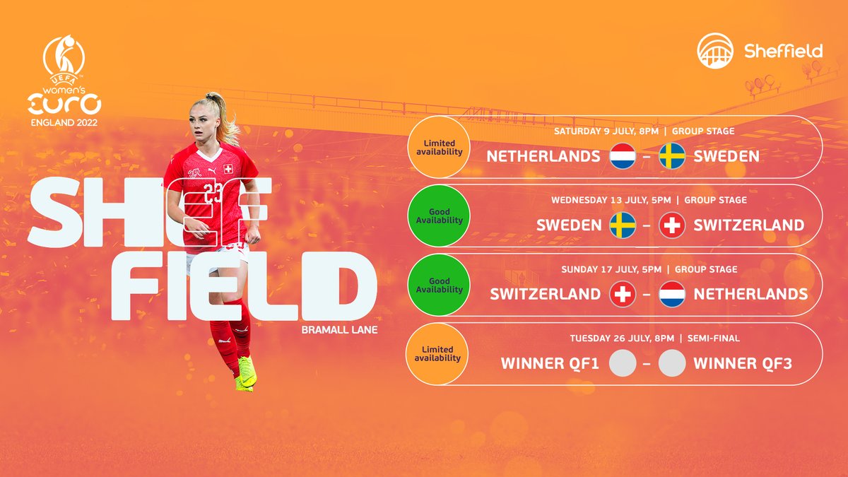 Tickets are still available for @UEFAWomensEURO fixtures in #Sheffield this summer! Come and enjoy some #WEURO2022 action at Bramall Lane in July and be part of the biggest women’s sporting event in Europe...⚽️👏 Tickets & info👉uefa.com/womenseuro/tic… @CommunitySUFC @SHCFA