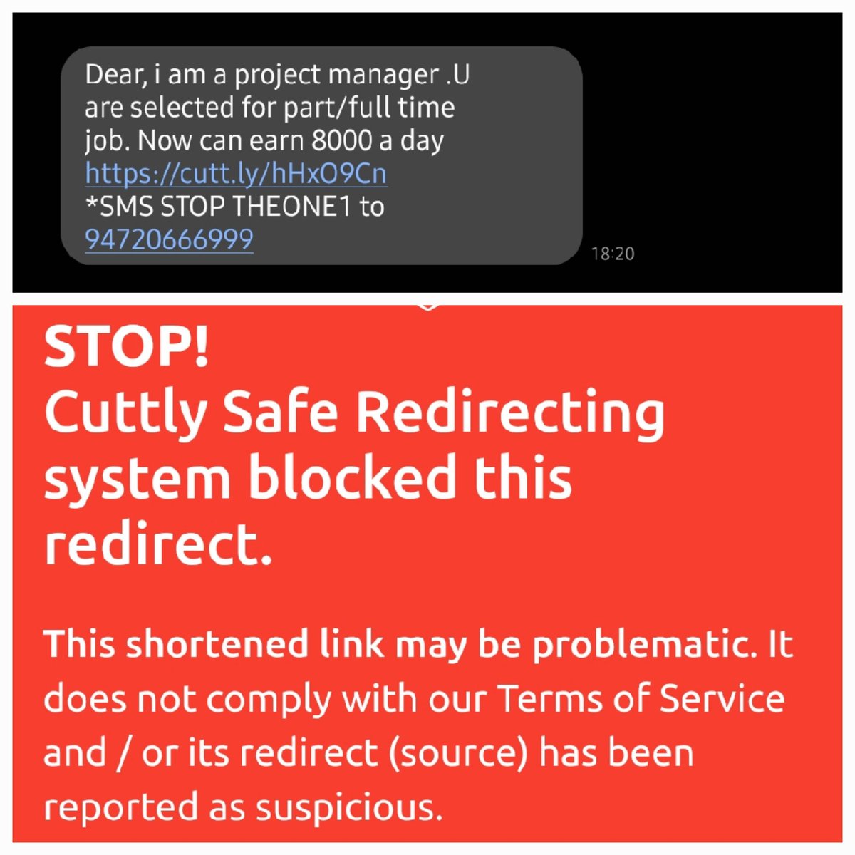 ransarajey's tweet photo. Destroyed their complete sms campaign by taking down the short link 😂

The link was leading to a @WhatsApp chat which was promoting a crypto scam. Informed them about what I did and they weren't very happy 😂 https://t.co/QqMr3BtoKQ