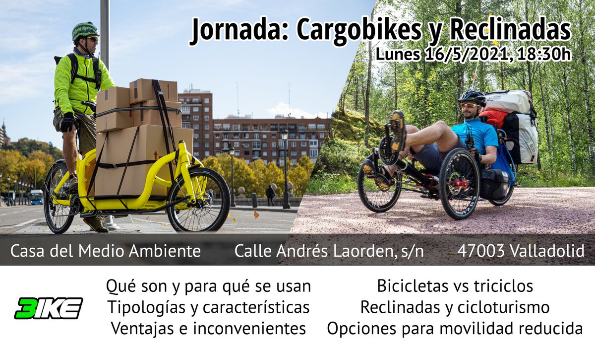 Os espero en un ratito (18:30) en la Casa del MedioAmbiente de Valladolid (calle Andrés Laorden, S/N) para charlar (un poquito) sobre cargobikes y reclinadas antes de volverme a Madrid. Y en directo en Youtube, si no estás por aquí. Hasta <a href="/3cicleto/">Triciclet0</a> <a href="/elcharleston/">carlos mendez</a> <a href="/carlosminguez/">Carlos Mínguez</a>
